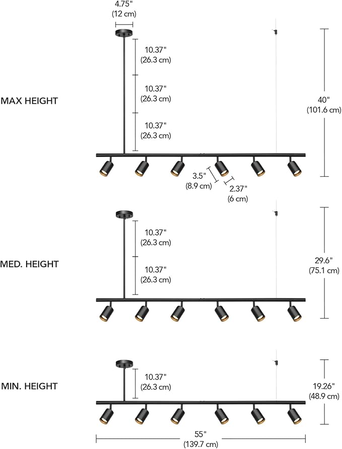 GLOBE Electric 64000123 55" 6-Light Adjustable Height Track Light, Matte Black, Pivoting Heads, GU10 Base Bulbs Not Included, Ceiling Light Fixture, Kitchen and Home Lighting Decor