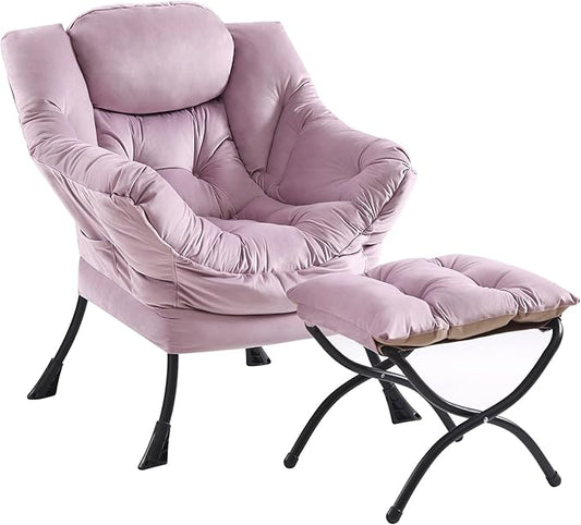 Lazy Chair with Ottoman, Modern Chair with Folding Footrest, Lounge Accent Chair, Comfortable Reading Chair (Velvet Light Purple)