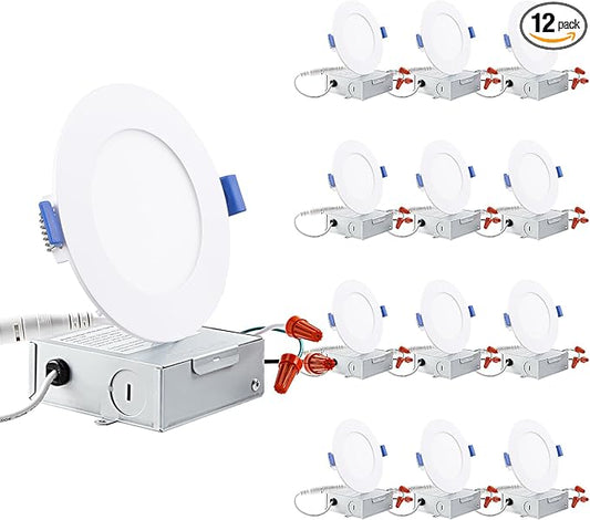 TORCHSTAR Basic Series 12-Pack 4 Inch Ultra-Thin LED Recessed Lighting with Junction Box, Aluminum, 2700K Soft White, 5%-100% Dimmable Slim Recessed Downlight, 10W 650LM, ETL and Energy Star