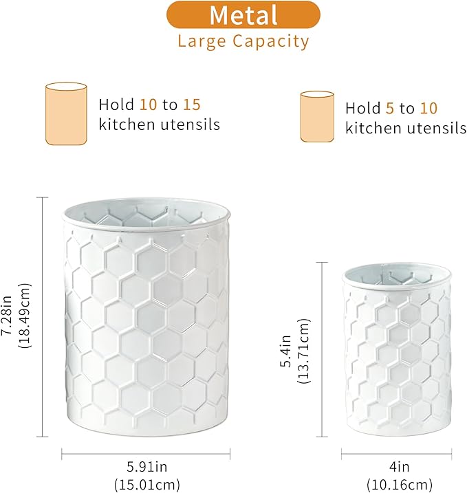 2 Pack Metal Utensil Holder for Kitchen Counter, 7.3"+5.4" Large Cooking Utensil Organizer Honeycomb Pattern Embossed Utensil Caddy for Party Cutlery Tool Holder Storage, White