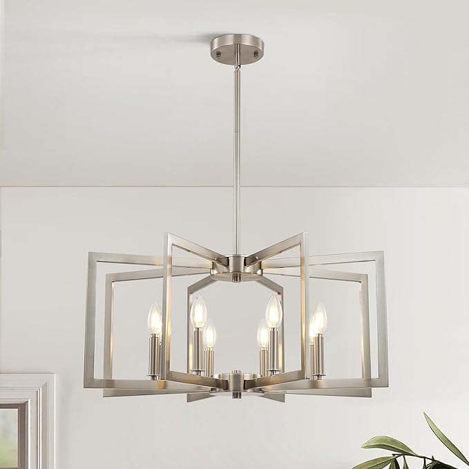8-Light Modern Farmhouse Brushed Nickel Chandeliers for Dining Room, Large Industrial Kitchen Table Chandelier, Metal Geometric Hanging Light Fixture for Living Room Entryway Foyer Stairway