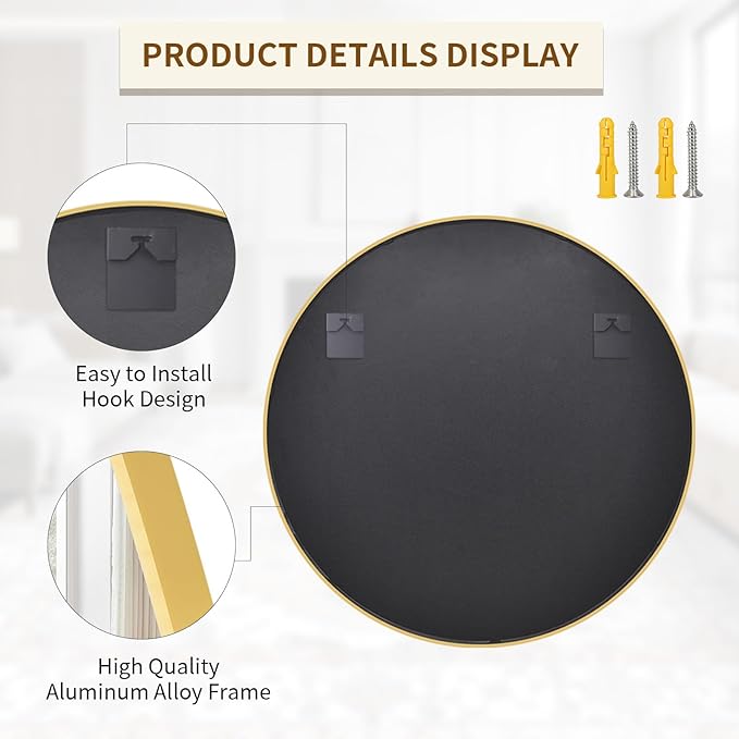 BEAUTYPEAK 40 Inch Round Mirror, Metal Frame Circle Mirror, Wall Mounted for Entryway, Bathroom, Vanity, Living Room, Gold