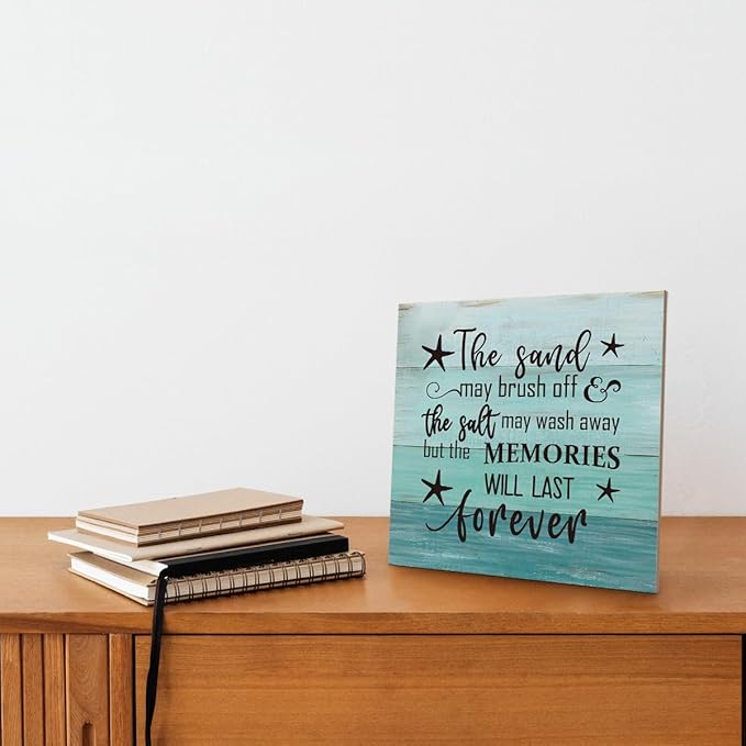 Beach Wood Sign, “The Sand May Brush Off the Salt May Wash Away but the Memories Will Last Forever”, Wooden Plaque Table Art Sign, Ocean Theme Home Decorations, Coastal House Decor, Family Sign E