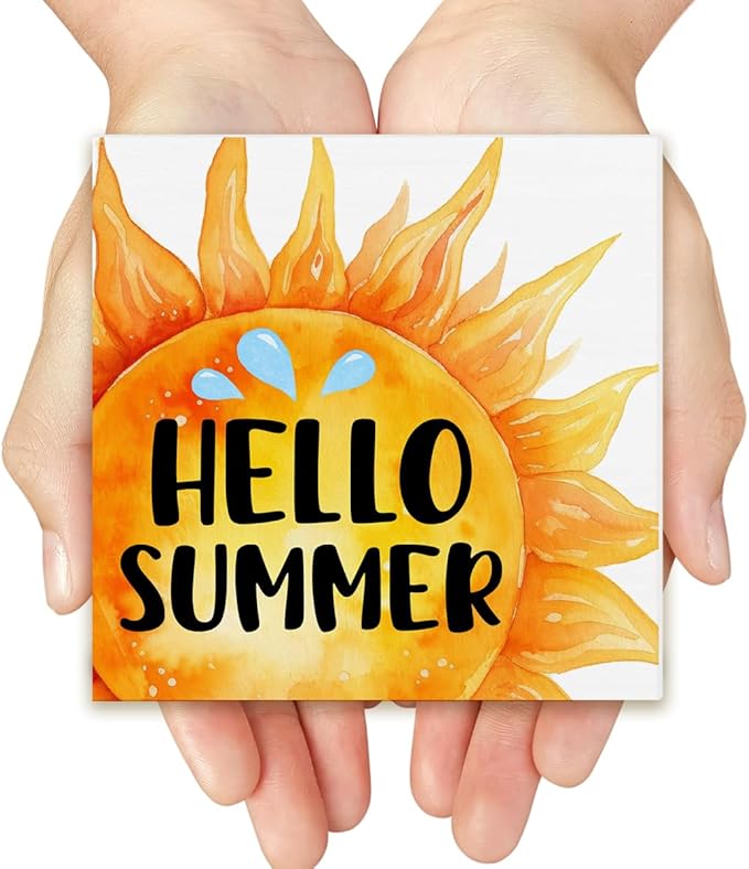 Hello Summer Decor Sun Wood Block Sign Farmhouse Summer Decorations for Home Desk Table Shelf 5 x 5 Inches
