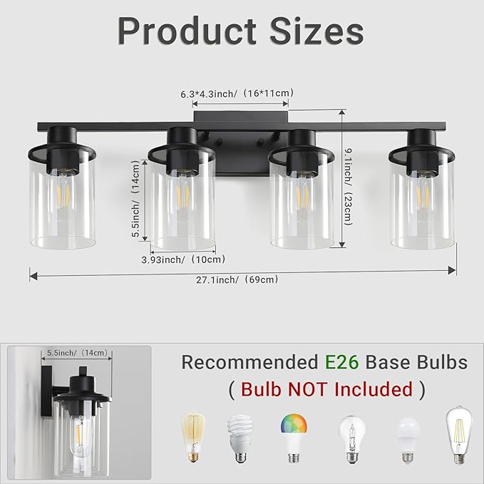 LOUSACE 4 Light Bathroom Vanity Light, Matte Black Bathroom Light Fixtures, Modern Bathroom Lights Over Mirror with Clear Glass Shade, Wall Sconce Lighting for Bedroom Living Room