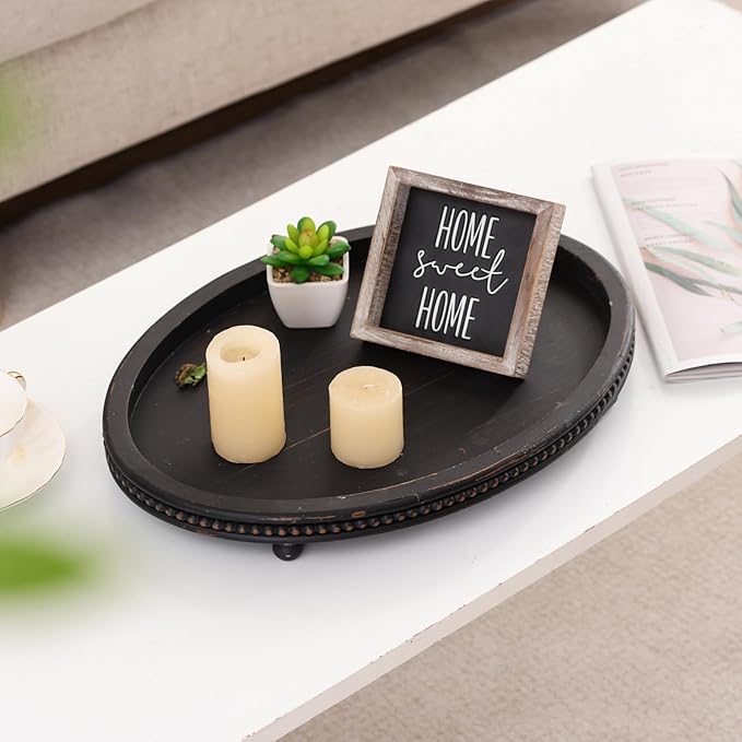 Oval Trays, Wooden Decorative Trays for Coffee Table, Small Beaded Decor in Black
