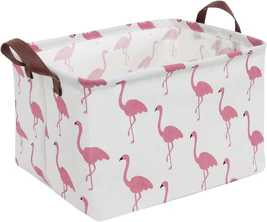 CLOCOR Rectangular Flamingo Storage Basket,Collapsible Cute Pattern Storage Bin,Waterproof Coating Storage Box with Handles,Gift Baskets, Shelf Basket (Flamingo)