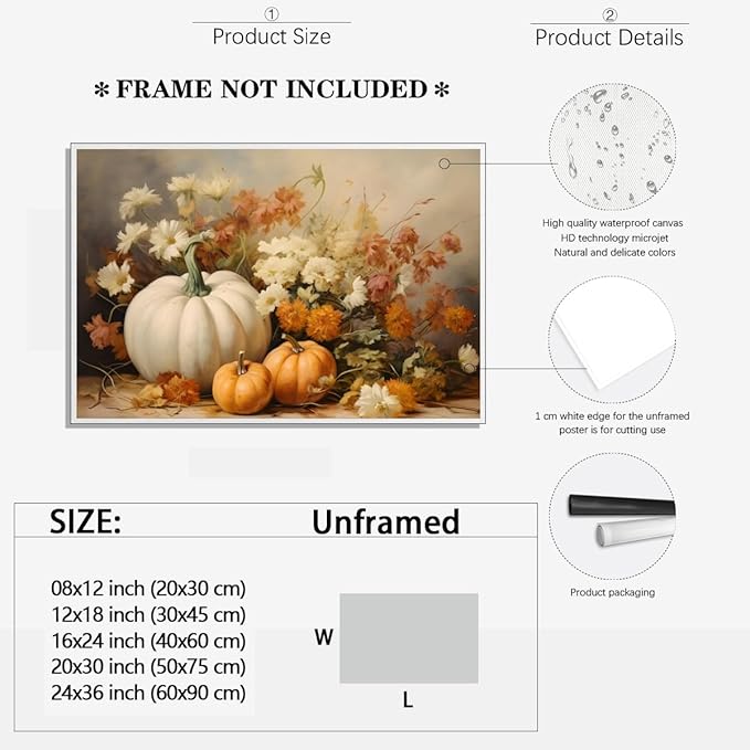 Fall Canvas Wall Art Rustic Pumpkin Posters Fall Pictures Print Dark Cottagecore Thanksgiving Wall Decor for Home Living Room 12x18inch Unframed