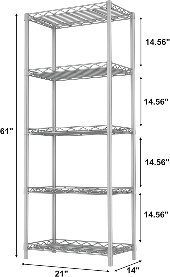 HOMEFORT 5-Tier Wire Shelving 5 Shelves Unit Metal Storage Rack Durable Organizer Perfect for Pantry Closet Kitchen Laundry Organization in Grey,21”Wx14”Dx61”H