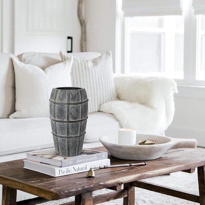 Briful Rustic Terracotta Flower Vase for Home Decor – 9" Blue Farmhouse Textured Barrel-Style Ceramic Vase Vintage Handcrafted Gridded Design for Faux & Dried Flowers Living Room Table Centerpiece