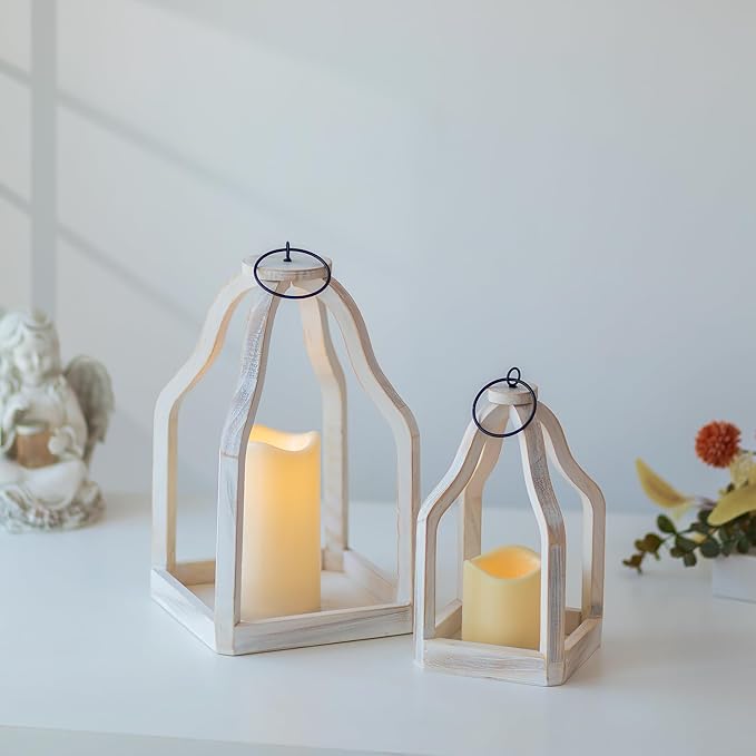 Romadedi Farmhouse Decorative Lantern Wooden - Set of 2 Rustic Wood Lanterns Candle Holder for Wedding Table Centerpieces Indoor Outdoor Fireplace Mantle Home Decor, Whitewashed