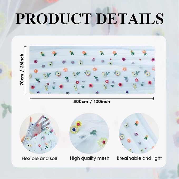 Artoid Mode Blue Embroidery Daisy Gauze Table Runner 120 Inch 10FT, Seasonal Sheer Kitchen Dining Holiday Wedding Birthday Table Decor for Home Party