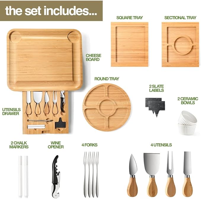 Bamboo Charcuterie Boards Gift Set - Simple Meat and Cheese Board Set with Charcuterie Board Accessories, Valentines Day Gifts for Her, Unique House Warming Gifts New Home - Home it