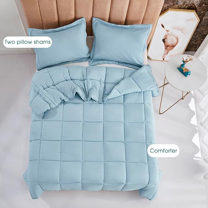 HIG Pre Washed Down Alternative Comforter Set King - Reversible Chic Quilt Design - Box Stitched with 4 Corner Tabs - Lightweight for All Season - Blue Duvet Comforter with 2 Pillow Shams