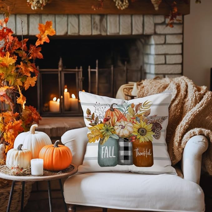 AACORS Fall Pillow Covers 18 x 18 Inch Set of 4, Pumpkin Home Sweet Home Thankful Grateful Blessed Harvest Floral Decorations Autumn Seasonal Pillow Case Decor for Sofa Couch AA275-18