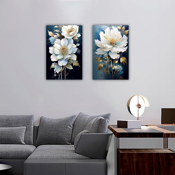 Flower Canvas Wall Art 2 Piece Navy Blue Gold and White Flower Picture Prints Floral Bloom Paintings for Bedroom Living Room Office Decor Framed(Flower,12.00" x 16.00" x 2PCS)