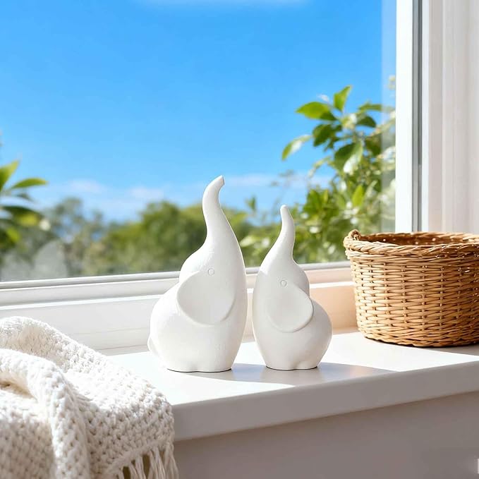 Ceramic Elephant Figurines with Trunk Up, Pair Couples Loving Elephant Statue, Small Figurines Sculpture African Home Decor, Valentine Elephants Gifts for Women, Wedding Knick Knacks（White）