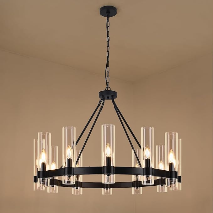 36 Inch Black Wagon Wheel Chandelier with Glass Shade, 12-Lights Farmhouse High Ceiling Chandeliers, Large Round Modern Black Chandeliers for Dining Room Living Room Bedroom Foyer