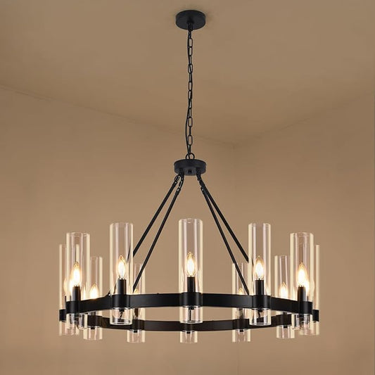 36 Inch Black Wagon Wheel Chandelier with Glass Shade, 12-Lights Farmhouse High Ceiling Chandeliers, Large Round Modern Black Chandeliers for Dining Room Living Room Bedroom Foyer