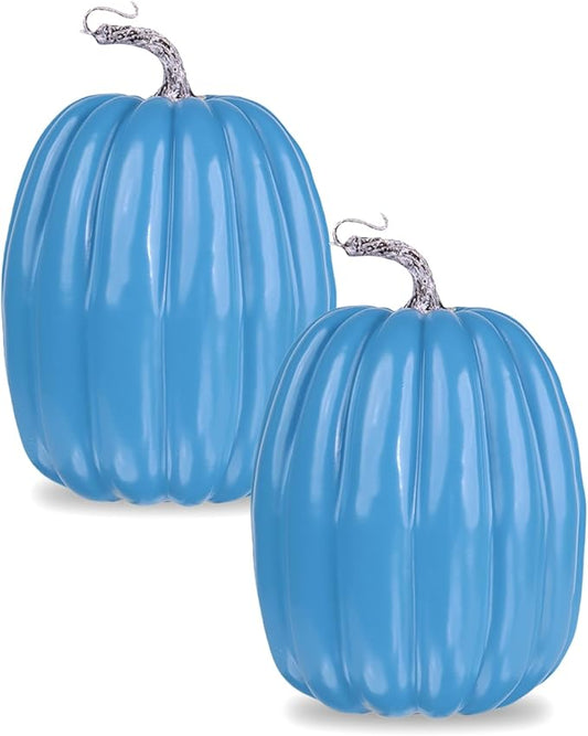 vensovo 2PCS 8 Inch Blue Plastic Pumpkins for Decorating – Large Artificial Foam Pumpkins for Fall Decor, Halloween, Thanksgiving, Paintable for DIY Crafts & Centerpieces