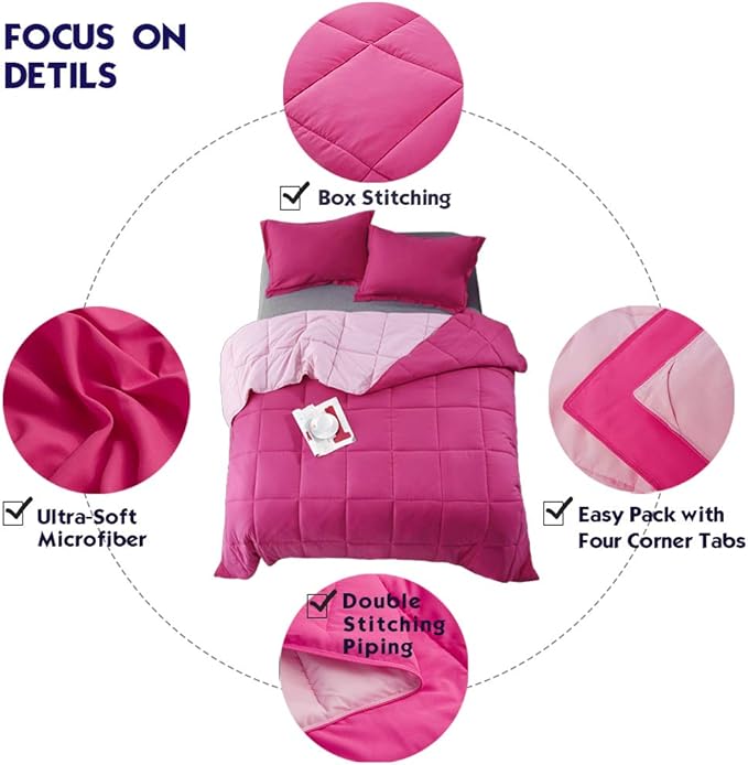 HIG 3pc Pink Queen Comforter Set Duvet Insert, Reversible, All Season, Box Stitched, with Corner Tabs, Soft, Fluffy