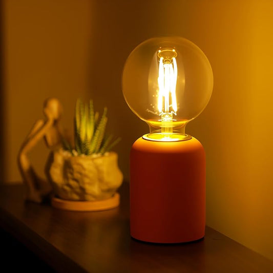 Mini Modern Orange Red Concrete Bedside Table Lamp, 3.5 x 3.5 x 8.5 Inch Nightstand Lamps, with Spherical Bulb Round Side Table Lamp for Bedroom Living Room Entryway Table Lamps