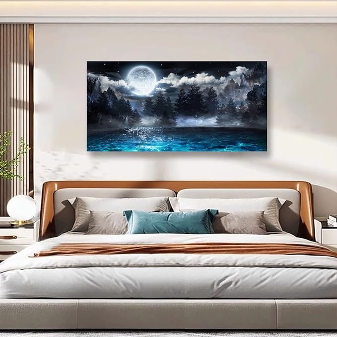Moon Ocean Pictures Canvas Wall Art for Living room Office Bedroom Wall Decor,Ocean Wall Art Print Paintings Modern Mystery Cloud Forest Blue Lake Artwork Waterproof Ready to Hang-24X48 inch