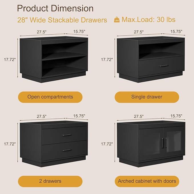 Stackable Storage Drawers, 28" Wide Storage Bins with 2 Doors for Closet Organizers, Wood Stackable Closet Organizer Modern Large Stackable Units for Living Room Hallway Bedroom, Black