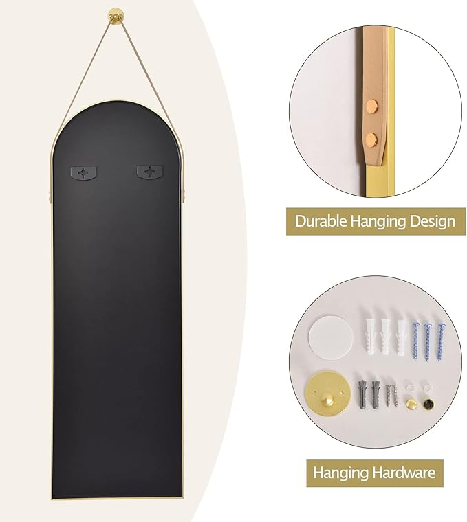 16"x48" Hanging Mirror with Leather Strap,Arched Full Length Mirror with Aluminum Frame Wall-Mounted Hanging Mirrors for Bathroom Vanity Living Room Bedroom Entryway Décor, Gold