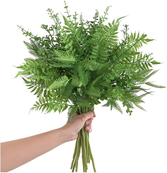 12 Pcs Mixed Eucalyptus Leaves Stems, Faux Branches with 5 Kinds of Leaves for Wedding Bouquet Table Centerpieces - Green