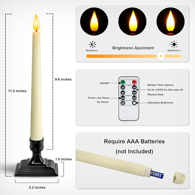 Homemory Wax Window Candles with Remote Timer Dimmer, Battery Operated Candlesticks with Holders, Christmas LED Candlesticks for Window Home Part Decor, 6 Pcs Ivory