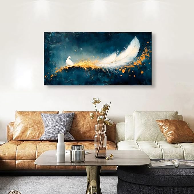 Abstraction Pictures Canvas Wall Art for Living room Office Bedroom Wall Decor, Peacock Wall Art Print Paintings Modern White Feather Zoon Artwork Waterproof Ready to Hang-20x40inch