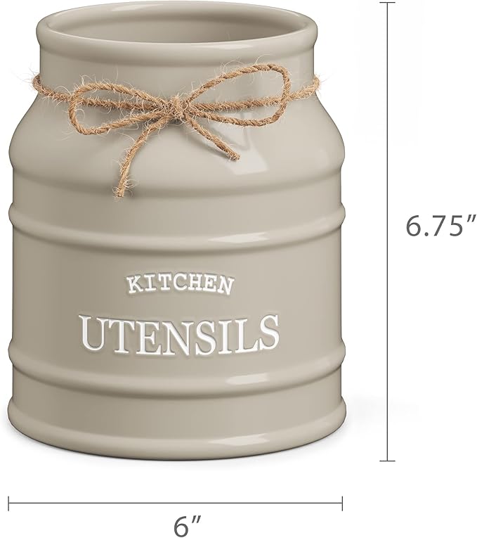 Barnyard Designs Ceramic Farmhouse Utensil Holder for Kitchen Counter, Large Rustic Utensil Crock, Countertop Cooking Tool Spatula Organizer, 6.75” (Taupe)