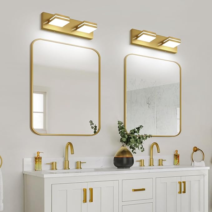 SineRise LED Modern Bathroom Vanity Light Fixtures (2-Light, 15.5-Inch), Brass Modern Acrylic Bathroom Wall Lighting Fixtures Over Mirror (Cool White 6000K)