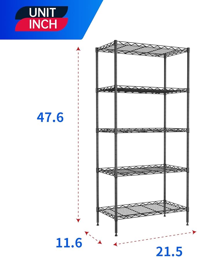 PayLessHere | 5-Tier Wire Shelf | 21"x11"x48" | Black | Adjustable Racks | Heavy-Duty Storage Shelves, Holds Upto 750 lbs | Rust-Resistant, No-Tool Assembly | for Home, Garage Shelving
