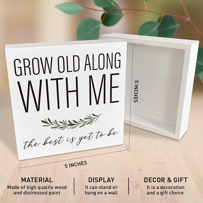 Romantic Bedroom Wooden Box Sign, Grow Old Along with Me, Wedding Marriage Home Master Bedroom Decor, Farmhouse Home Bedroom Desk Decorations, Valentines Day Gifts for Him Her Wife Husband