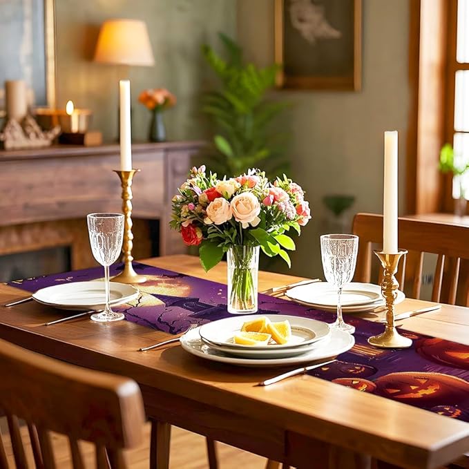 ANNA QUEEN Happy Halloween Table Runner 13 x 72 Inch for Dining Table Haunted House PumpkinTable Runner for Seasonal Fall Kitchen Dining Table Decoration for Home Party Decor