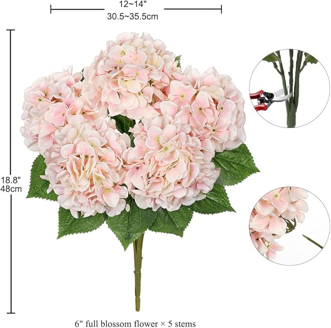 Light Pink Hydrangea Artificial Flowers Large Artificial Hydrangeas Silk Flowers for Home Decor Indoor Wedding Flowers Bouquets Faux Flowers Kitchen Centerpiece Table Decorations