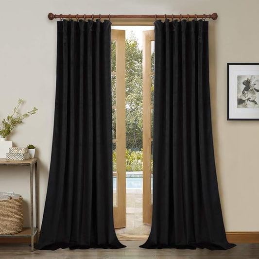 StangH Black Velvet Curtains 92 inches, Back Tab Thermal Blackout Drapes, Noise Reducing Heavy Duty Curtain Panels for Living Room Home Theater, W52 x L92, 2 Panels