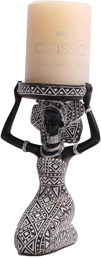 African Lady Figurine Candle Holder with African Tribal Totem for Wedding, Holiday Decor-African Decorative Women Statues, Candlestick Holder for Home and Table Decor(753-Brown)