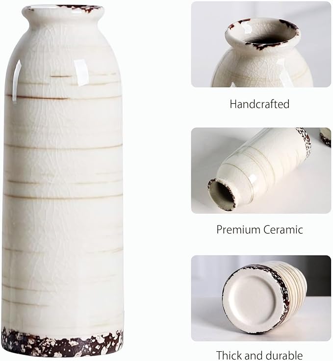 Ceramic Vase Set of 3, Farmhouse Rustic Decorative Vase for Home Decor, Modern Glazed Vase, Table Centerpiece for Living Room, Shelf, Bedroom, Kitchen (Omega Yellow)