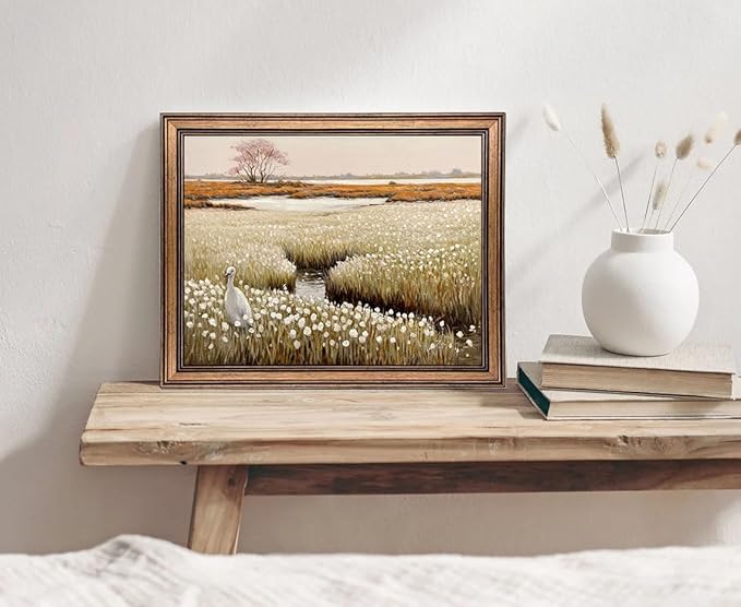Framed Vintage Wall Art Classical French Landscape Painting Wildflowers Field Canvas Wall Art Print Kitchen Living Room Wall Decor (Flower Field, 16L x 12W)