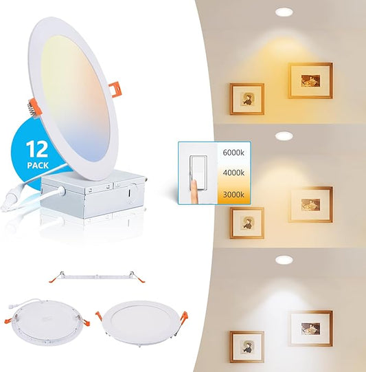 8 Inch LED Recessed Light with Junction Box.12Pack Ultra Thin LED Recessed Lights 3CCT 3000K/4000K/6000K Selectable Dimmable,18W 8" Ceiling Canless Light Downlight, Can Killer Lighting CR80