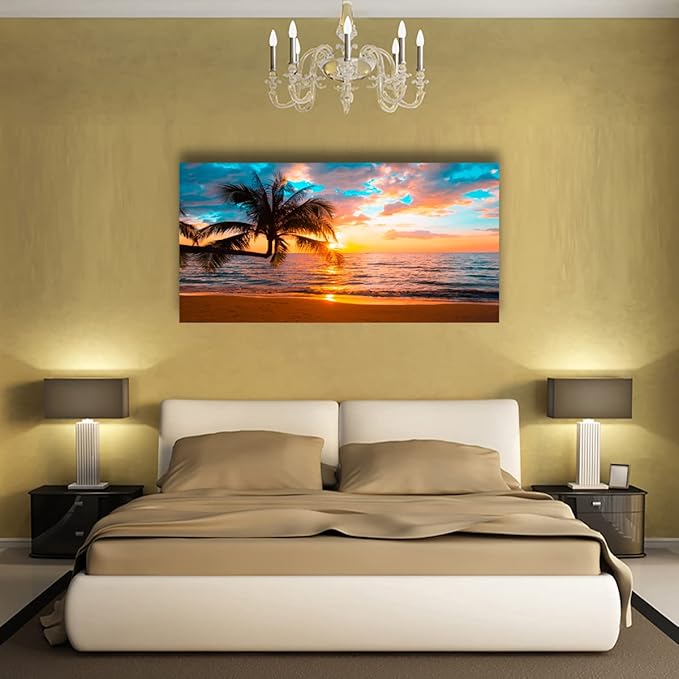 Beach Sunset Pictures Canvas Wall Art For Living Room Bedroom Wall Decor,Sunset Wall Art Print Paitnings For Home Decor,Morden Artwork Palm Cloud Canvas Art Waterproof Ready To Hang-20X40Inches