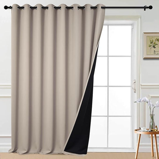 Yakamok Extra Wide 100% Blackout Curtains for Patio Door, Thermal Backing Sliding Glass Door Drape, Privacy Assured Window Treatment for Sliding Door Curtains, Natural, W100 x L108, 1 Panel