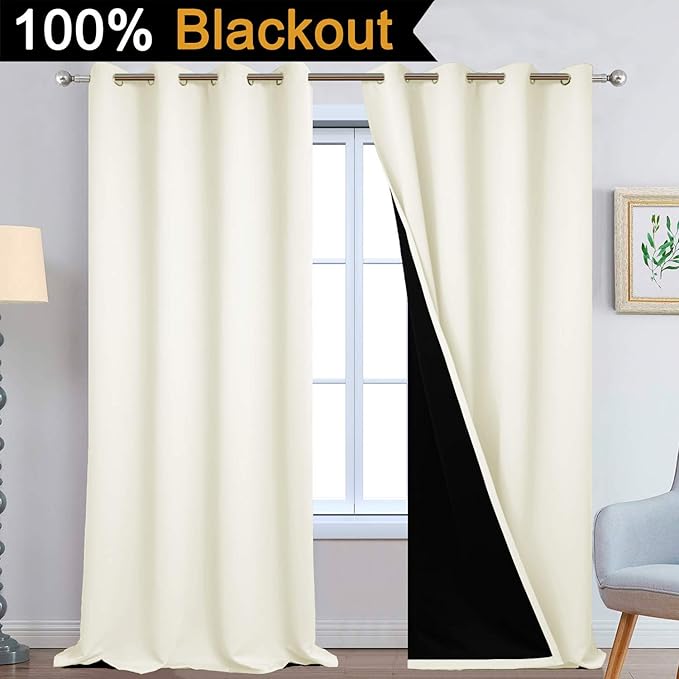 Yakamok 100% Blackout Window Curtain Panels, Heat and Full Light Blocking Drapes with Black Liner for Nursery, 108 inches Drop Thermal Insulated Draperies (Cream, 2 Pieces, 52 Inch Width)