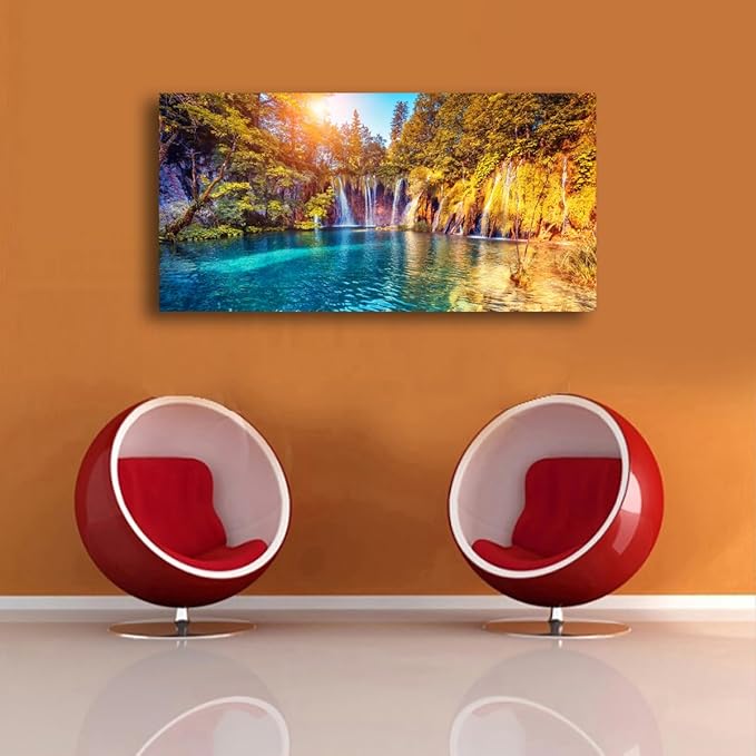 Lake Water Pictures Canvas Wall Art for Living room Bedroom Wall Decor,Waterfall Wall Art Print Paitnings for home Decor,Morden Artwork Sunset Tree Canvas Art Waterproof Stretched Ready to Hang 28x57"