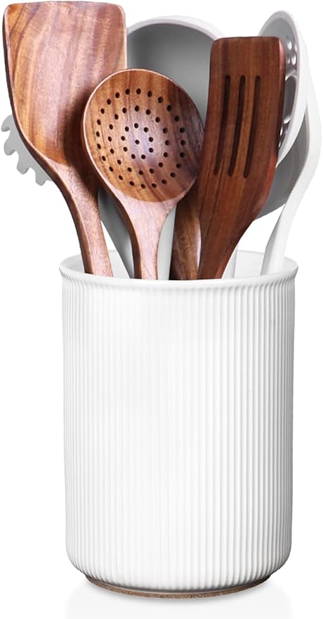LoeJan Utensil Holder, Extra Large Utensil Crock, Stable Ceramic Utensil Organizer, Cooking Tool Organizer Set for Kitchen Counter Farmhouse Decor (E-6.7" White)