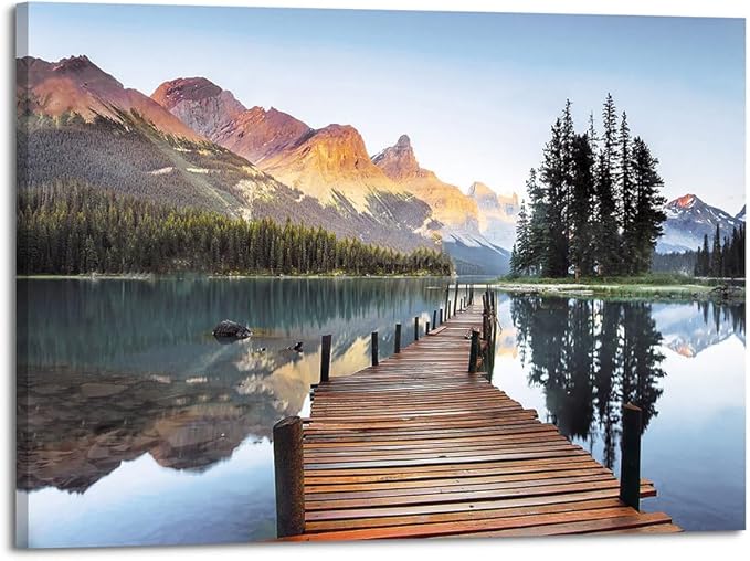 Lake Boardwalk Canvas Wall Art: Nature Mountain Sunset Scenic Artwork Woodland Water Print Picture for Bedroom