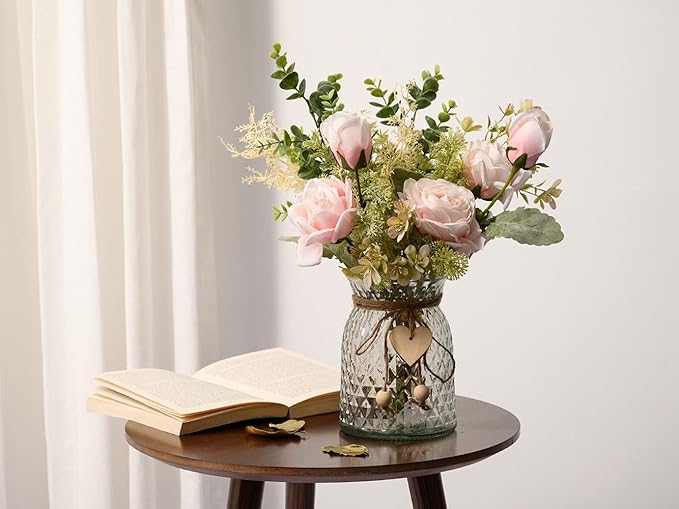 YJ Fake Flowers with Vase, Artificial Flowers Silk Roses Flower Bouquet in Vase, Faux Flower Arrangements,Farmhouse Table Decor,Table Decorations for Living Room,Coffee Table Decor(Pink)